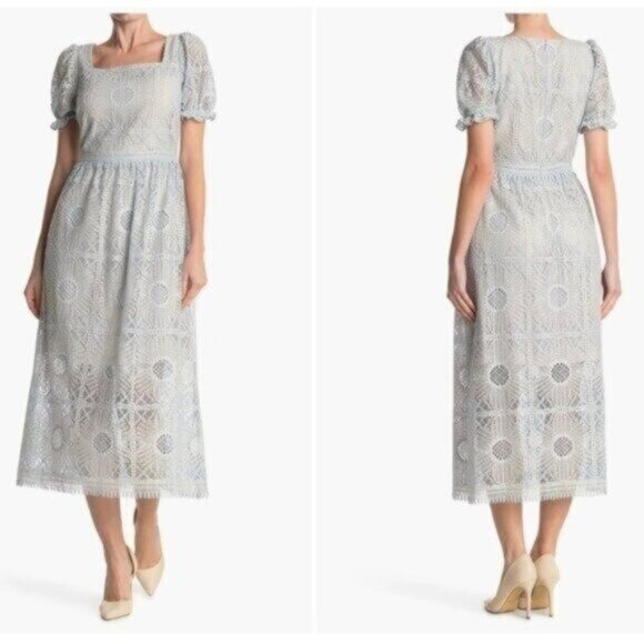 Elie Tahari Rosalyn Lace Square Neck Midi Dress In Seabreeze Size 0 Women - Picture 1 of 9